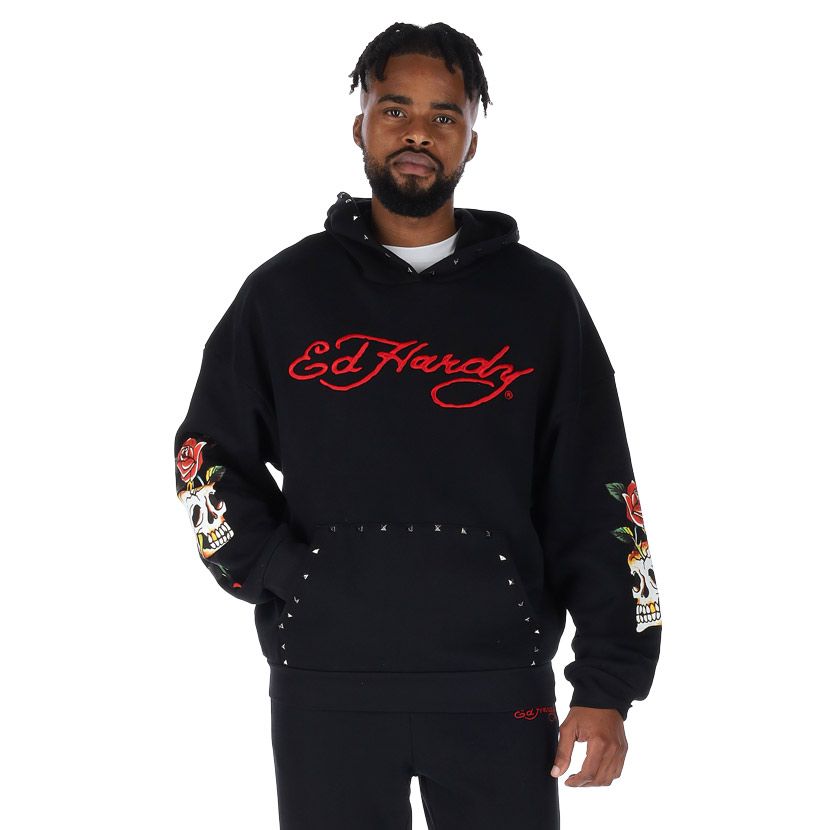 トップス Ed Hardy Shop Ed Hardy Skull Rose Rivet Hood Black | Studio 88