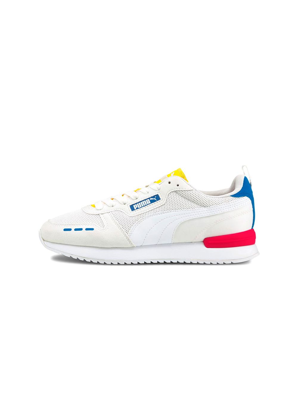white and blue puma sneakers